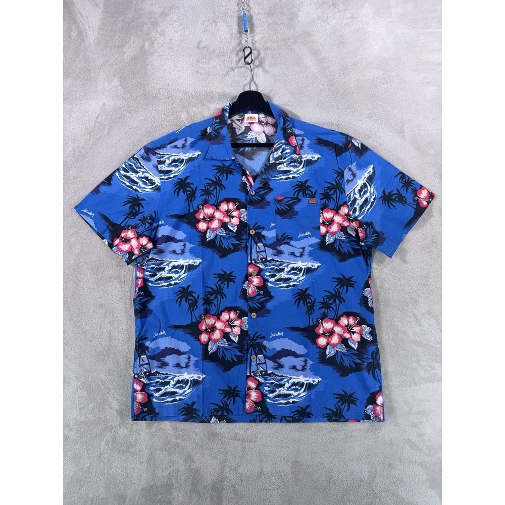 Sundeck‎ Camp Hawaiian Shirt Mens XL Blue Floral Tropical Aloha Button Down